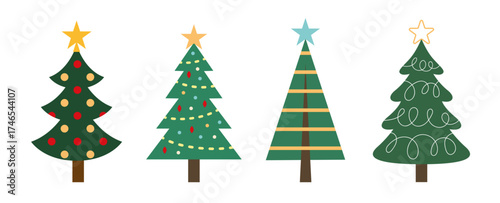 Set of vector decorative simple christmas trees with ornaments and garlands isolated on white background