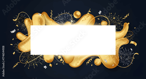 Luxurious celebration background with abstract 3D golden liquid forms, glitter confetti, and a blank frame for text or message