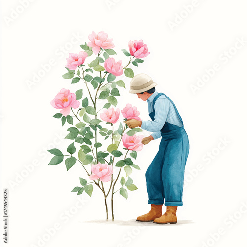 Watercolor Gardener Tending to Pink Flowers with Care and Precision.