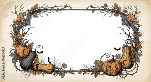 Ornate gothic frame for Halloween celebrations, featuring creepy jack-o'-lanterns and tangled thorny branches on a vintage background
