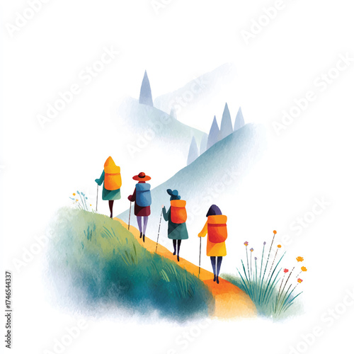 Watercolor Hiking Adventure - A Group Ascending a Misty Hill.