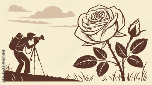 Photographer Photographing a Rose in a Field.