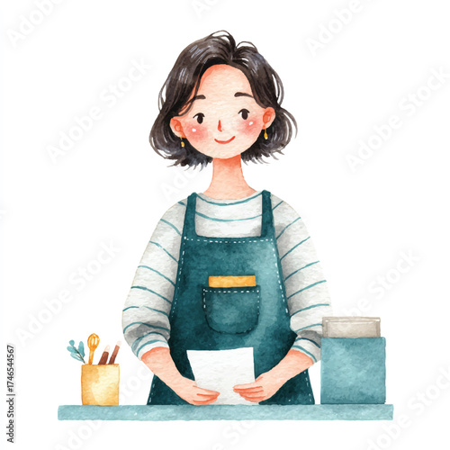 Watercolor illustration of a smiling woman in an apron at a counter holding paper.