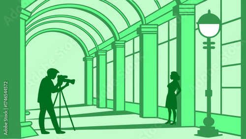 Photographer shooting a model in a classical interior with arched ceiling and large windows.