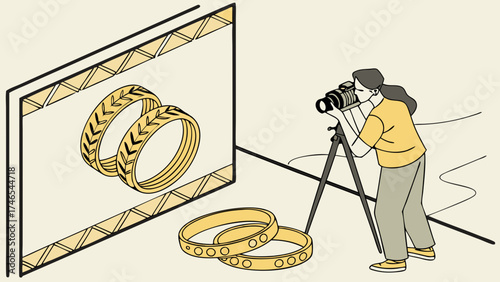 Photographer taking pictures of jewelry rings on tripod studio product photography e-commerce online shop advertising.
