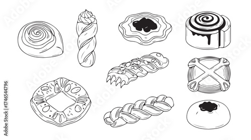Hand drawn sweet bakery pastries assortment delicious baked goods collection variety vector