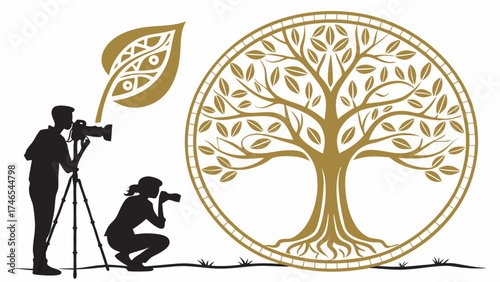 Photographers taking pictures of stylized tree illustration.