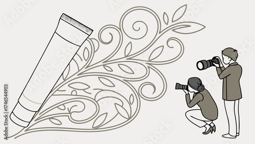 Product Photography Two Photographers Shooting Cosmetic Tube with Floral Design Beauty and Cosmetics Illustration.