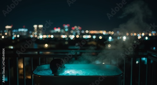 Night Relaxation Person in Hot Tub with City View