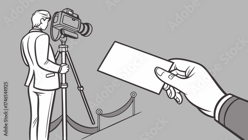 Professional Cameraman with Camera on Tripod and Blank Card Illustration.