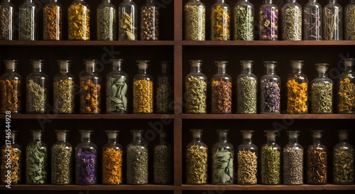 Beautiful Assortment of Dried Herbs and Spices in Glass Jars