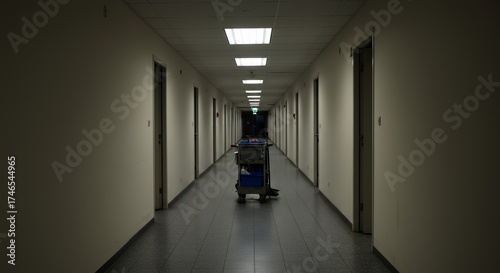 Long hallway with a cleaning cart and bright overhead lights