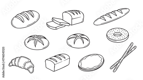 Collection of delicious baked goods including bread rolls baguette croissant and doughnuts hand drawn style vector