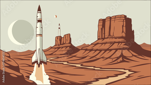 Retro Rocket Launching Over Desert Landscape with Moon and Small Satellite in Sky.
