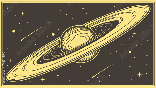 Retro Style Illustration of a Ringed Planet in Space Celestial Artwork Cosmic Design Universe Background Galaxy Print Starry Night Space Exploration Astronomy Art.