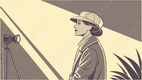 Retro Style Woman in a Photo Shoot Vintage Photography Illustration Stylish Graphic Design Element.