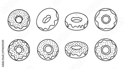 Collection of eight hand-drawn donut sketches with different toppings and icing variations vector