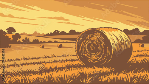 Rural landscape with hay bales at sunset idyllic farm scene golden hour illustration.