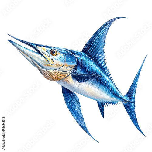 A blue marlin drawing on transparent background