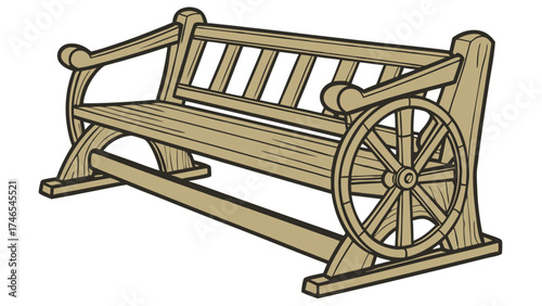 Rustic Wooden Bench with Wheel Design Garden Furniture Park Seat Illustration Countryside Decor.