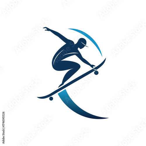 Dynamic skateboarder silhouette performing a trick with blue wave motion