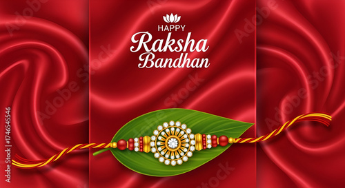 A red and gold RAKSHA BANDAN is displayed on a leaf