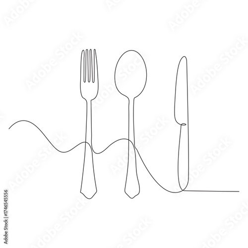 Continuous one line drawing of a knife, spoon, and fork, line art. simple drawing. vector.