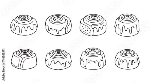 Hand drawn cinnamon rolls with drizzle set isolated sweet pastry food collection outline drawing vector