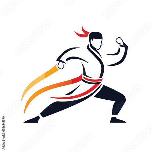 Martial artist in dynamic pose with flaming sword