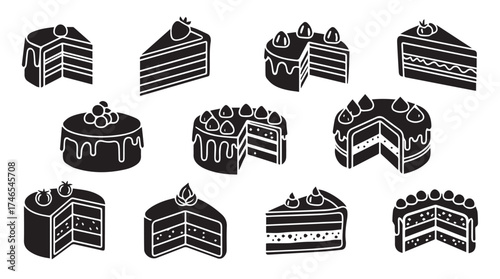 Collection of delicious chocolate layer cakes slices and whole desserts hand drawn style vector