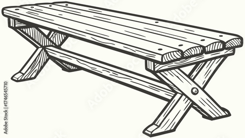Rustic Wooden Bench Hand-Drawn Illustration Garden Furniture Farmhouse Style Vector Graphic.