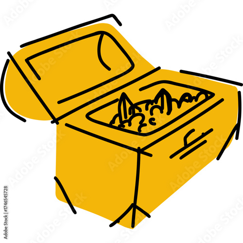 This is an illustration of a cheerful yellow box containing various cute pets inside of it