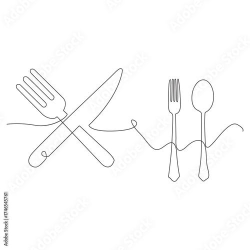 Continuous one line drawing of a knife, spoon, and fork, line art. simple drawing. vector.