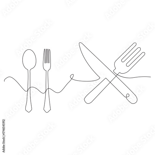 Continuous one line drawing of a knife, spoon, and fork, line art. simple drawing. vector.