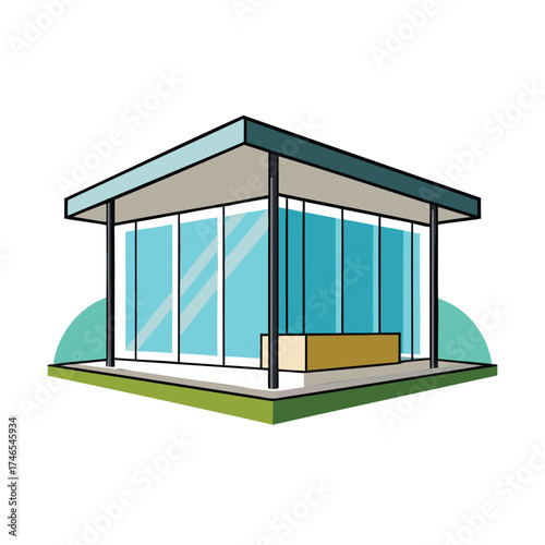Modern glass pavilion with minimalist design and green surroundings
