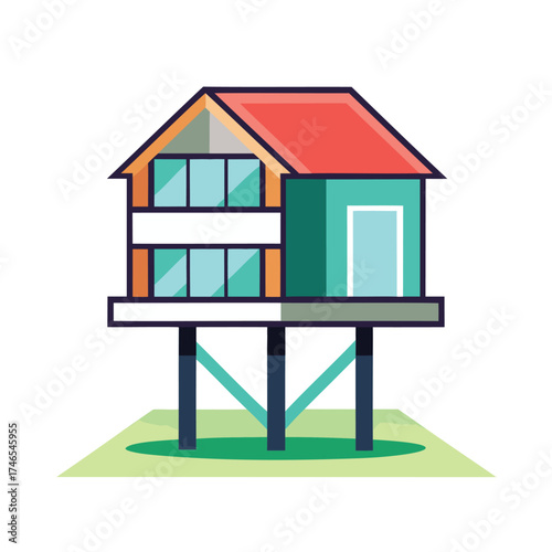 Modern stilt house with red roof and teal accents