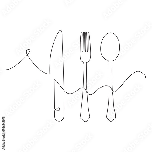 Continuous one line drawing of a knife, spoon, and fork, line art. simple drawing. vector.