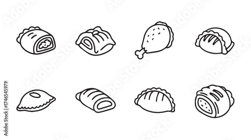 Hand drawn collection of delicious pastries and savory foods in a simple sketch style vector