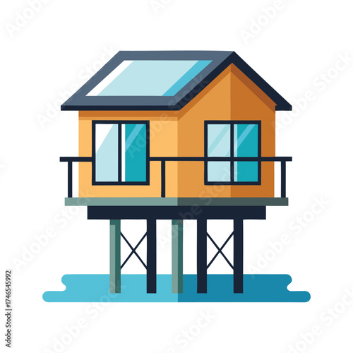 Cartoon stilt house on water with blue roof