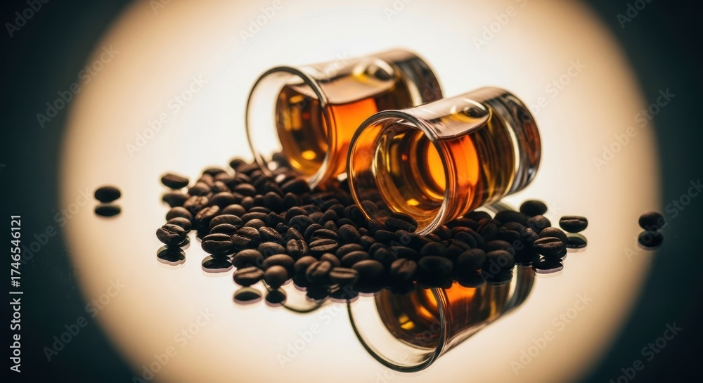Fototapeta premium Two golden shots of spirits nestled among coffee beans, reflecting on a warm lit surface