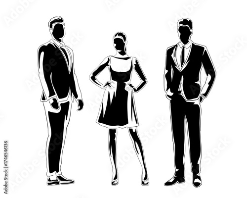 Business people, business men and woman standing, line art business fashion, isolated vector illustration