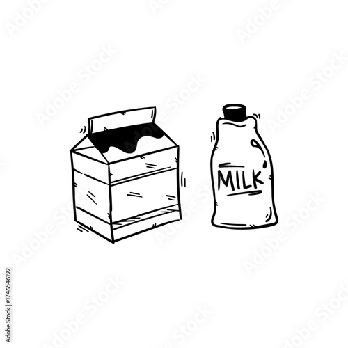 Milk in a bottle and carton doodle. Hand drawn icon sketch vector illustration