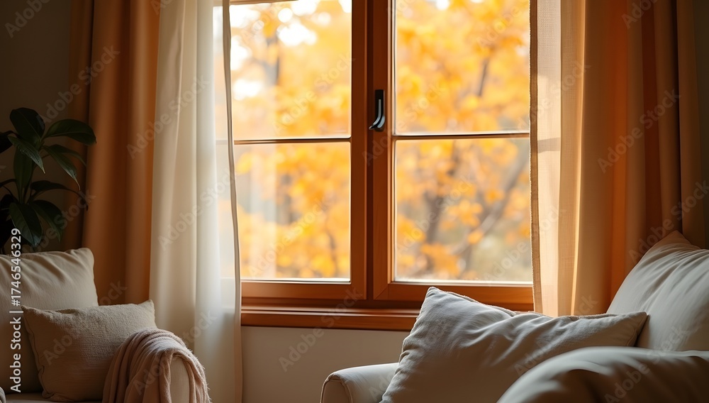 Fototapeta premium Cozy minimalist bedroom interior with soft autumn light, foggy forest view through large windows, warm indoor glow, neutral palette, peaceful luxury mood. AI-Generated!