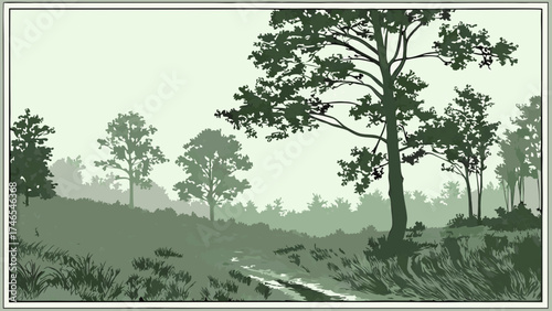 Serene forest landscape misty morning green trees tranquil nature scene pathway artwork illustration peaceful calming woodland foliage vegetation natural environmental eco organic.