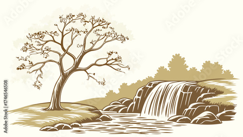 Serene Waterfall Landscape with Tree and Rocks Nature Illustration Calm Waters Peaceful Scene Artistic Design.