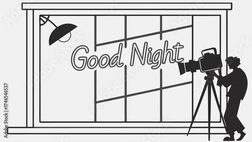 Silhouette of a Cameraman Filming a Good Night Sign on a Window at Night.