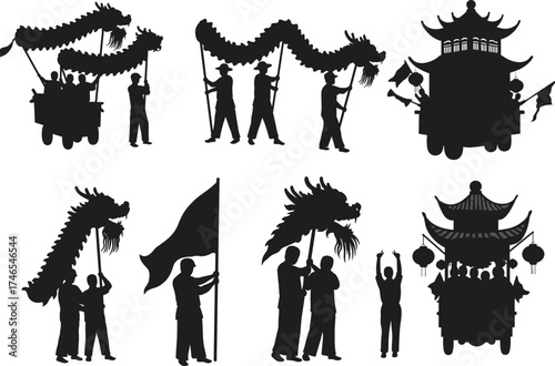 Traditional Chinese festival parade silhouette with dragon dance, lion dance, cultural floats, flags, lanterns, celebration crowd, vector illustration design
