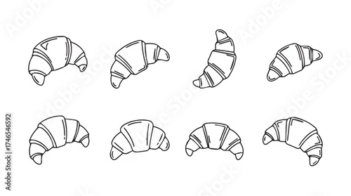 Collection of delicious croissants in various hand-drawn sketch styles for bakery and food designs vector