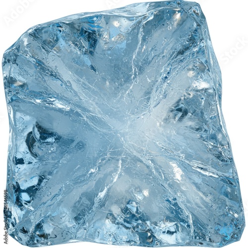 Crystalized Ice Cube with Intricate Frost Patterns Reflecting Light with a Soft Blue Glow Against a Stark White Isolated Background Ideal for