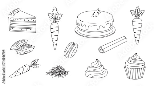 Hand drawn delicious carrot cake elements collection sweet baked treats and ingredients sketches vector